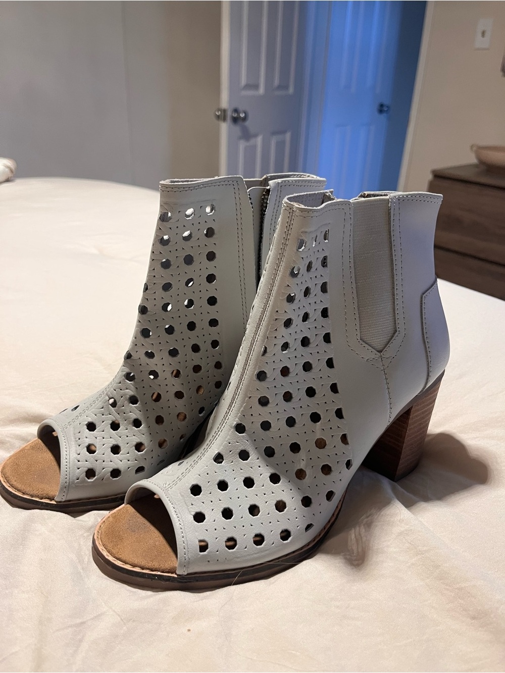 Toms Light Gray Perforated Peep-Toe Block Heel Booties
